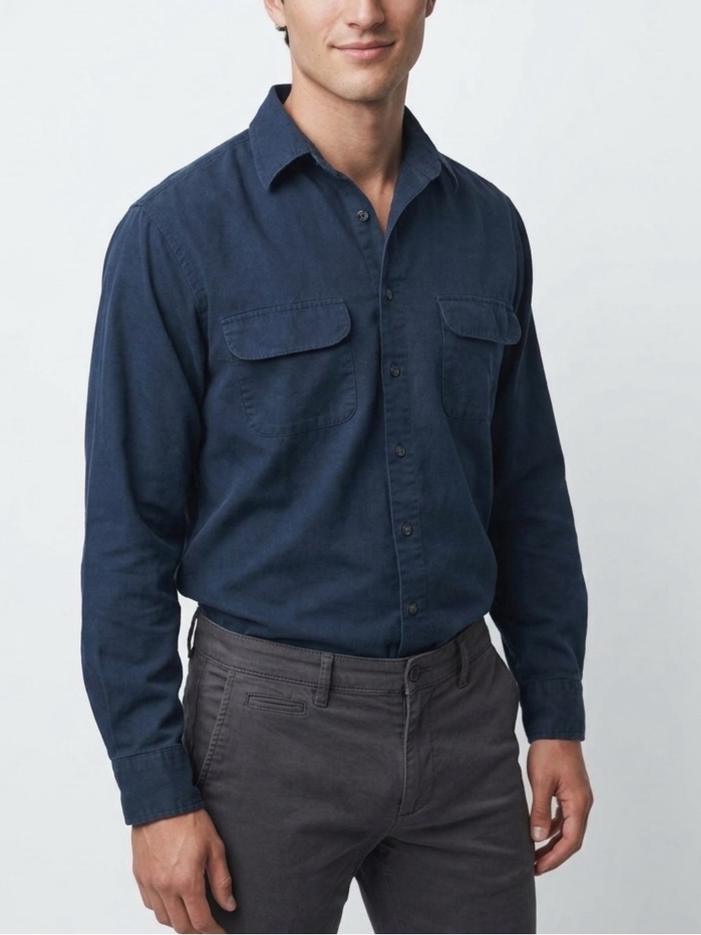 George Men's Dark Navy Sueded Button-Up Shirt Long Sleeve Pockets M 38/40